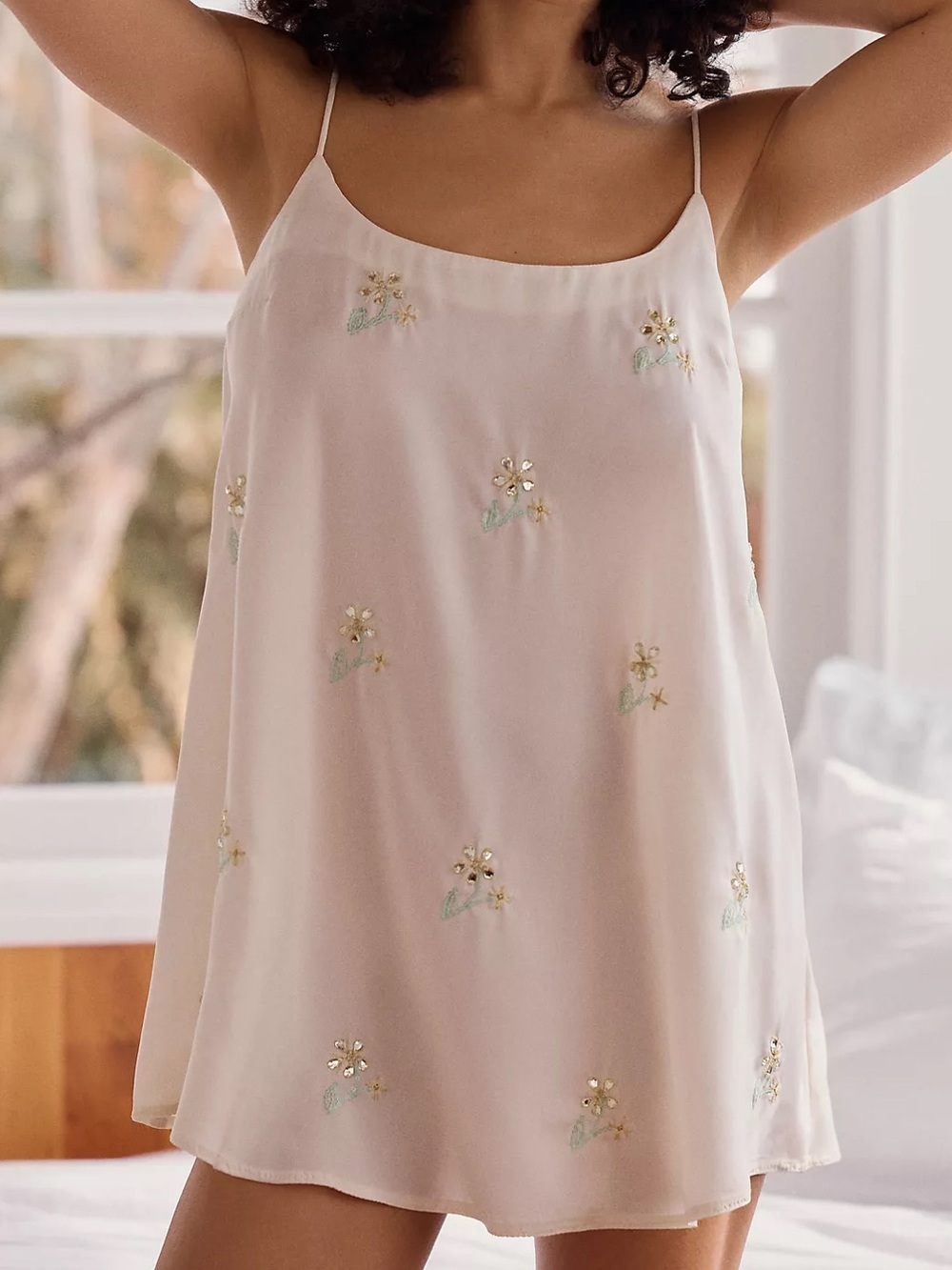 Anthropologie Beaded Mini Slip Dress, White- Small